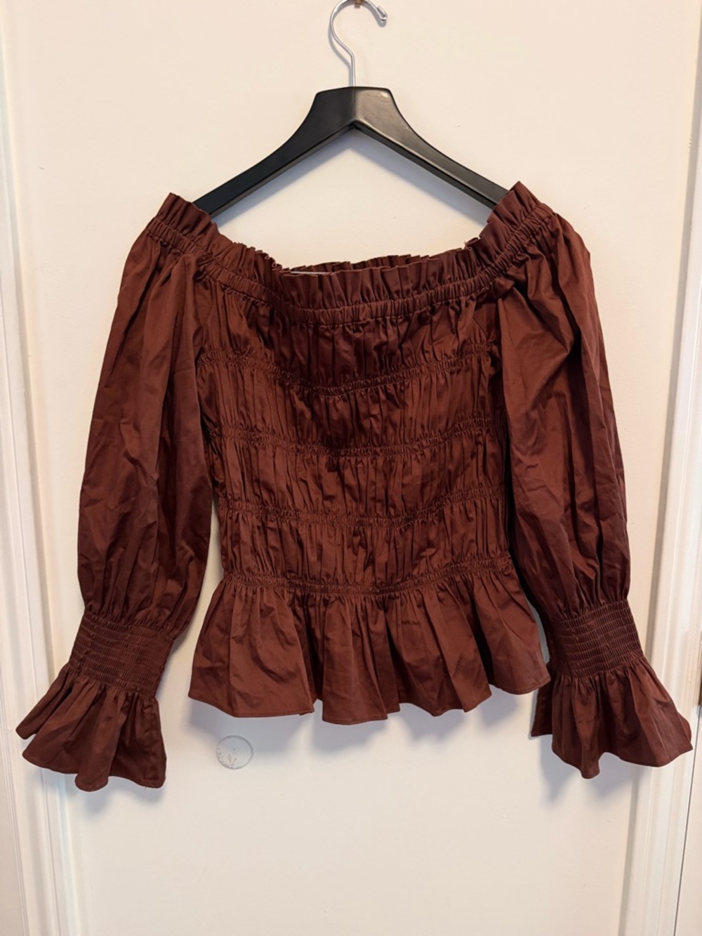 House of Harlow 1960 Brown Off-Shoulder Smocked Peplum Blouse